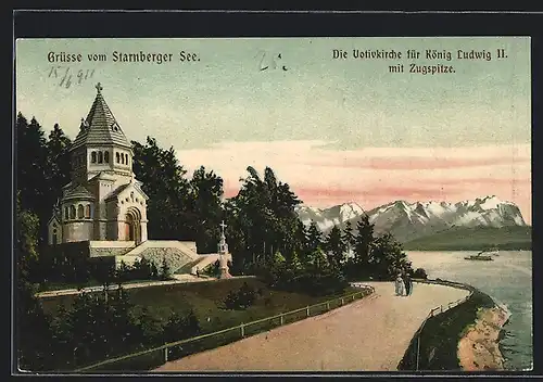 AK Berg, Votivkirche für König Ludwig II. mit Zugspitze
