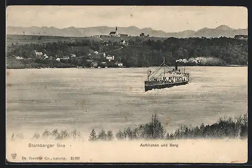 AK Aufkirchen / Starnberger See, Blick auf Aufkirchen und Berg, Dampfer auf dem See