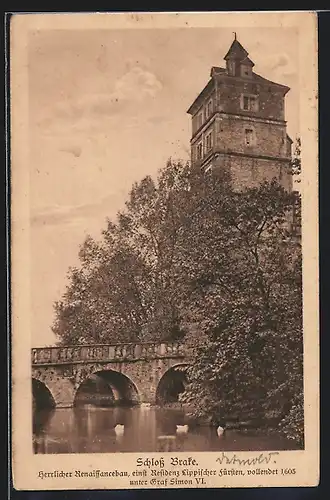 AK Brake, Schloss Brake, Ortspartie mit Brücke zum Schloss