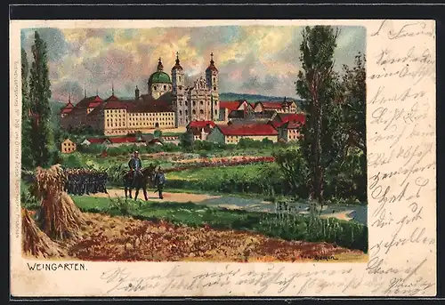 Lithographie Weingarten, Ortspartie mit Schloss und Soldaten