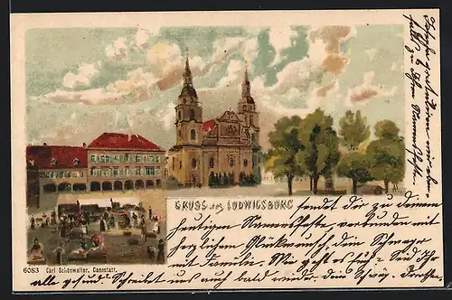 Lithographie Ludwigsburg, Platz an der Kirche, Markttag