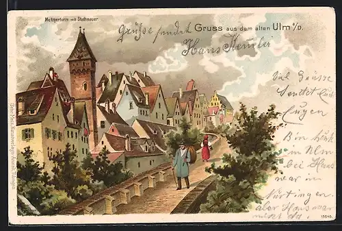 Lithographie Ulm, Partie der Stadtmauer am Metzgerturm