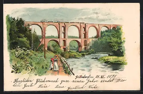 Lithographie Plauen, Brücke mit Eisenbahn