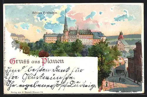 Lithographie Plauen, Teilansicht mit Schloss Hradschin