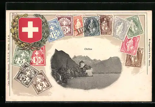Passepartout-AK Chillon, Ortsansicht, schweizer Briefmarken und Wappen