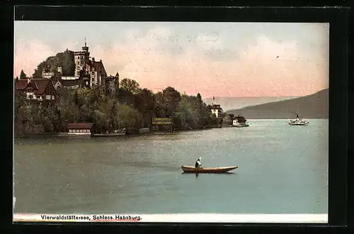 AK Vierwaldstättersee, Schloss Habsburg, Mann im Ruderboot, Dampfer