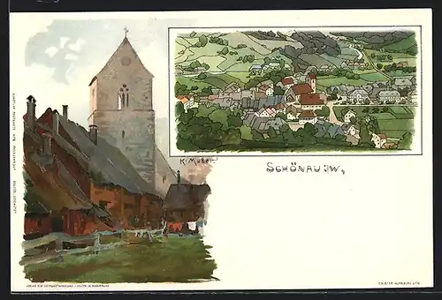 Künstler-AK Schönau i. W., Kirche, Ortsansicht aus der Vogelschau