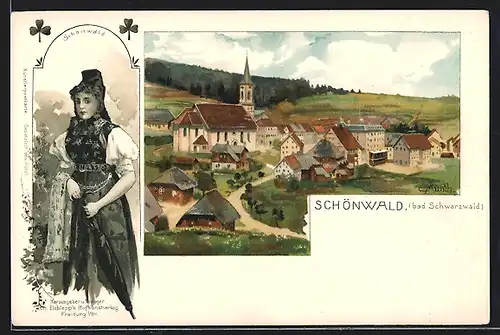 Künstler-AK Carl Münch: Schönwald, Ortsansicht mit Kirche