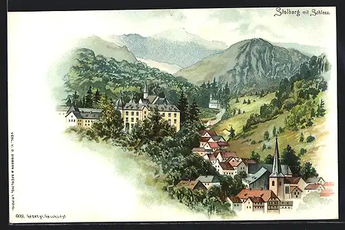 Lithographie Stolberg, Ortsansicht mit Blick auf das Schloss