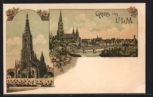 Lithographie Ulm, Kirche, Ortsansicht mit Brücke