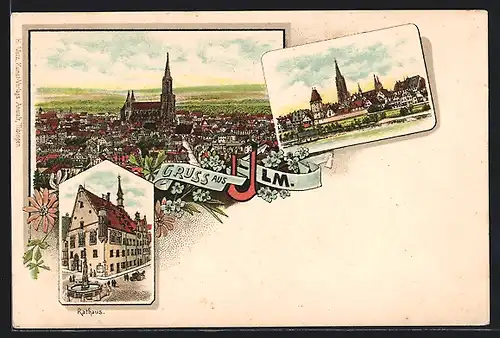 Lithographie Ulm, Teilansicht mit Münster, Rathaus, Uferpartie