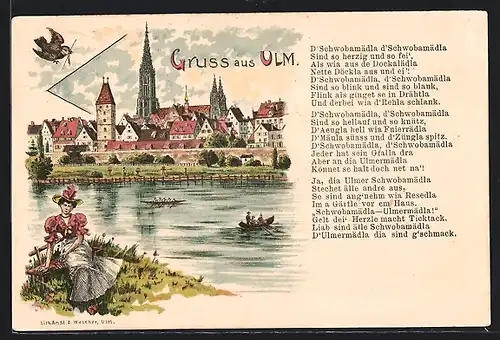 Lithographie Ulm, Teilansicht mit Kirche und Frau auf Bank mit Spruch