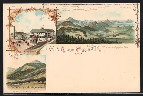 Lithographie Waltersdorf, Gasthaus Lausche, Gebirgspanorama