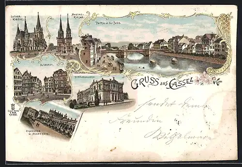 Lithographie Kassel, Altmarkt, Luther-Kirche, Gemäldegalerie