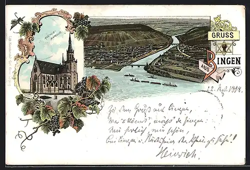 Lithographie Bingen, Teilansicht, Rochus-Kapelle