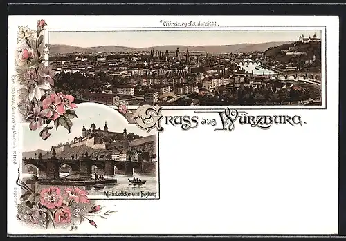 Lithographie Würzburg, Totalansicht, Mainbrücke mit Festung