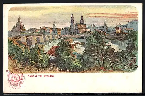 Lithographie Dresden, Ortspartie mit Brücke