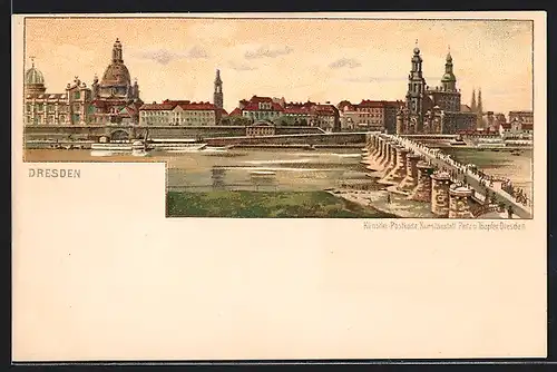 Lithographie Dresden, Totalansicht mit Brücke