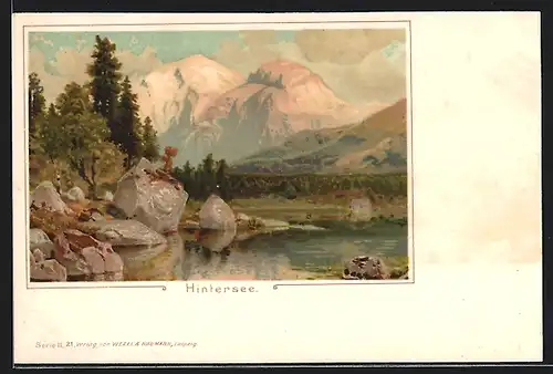 Lithographie Hintersee, Seepartie mit Bergpanorama
