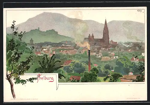 Lithographie Freiburg, Teilansicht mit Kirche