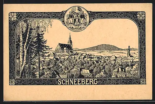 Künstler-AK Schneeberg, Gesamtansicht mit Kirche, Wappen