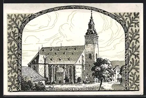 Künstler-AK Schneeberg, Vorderansicht der St. Wolfgangs Kirche