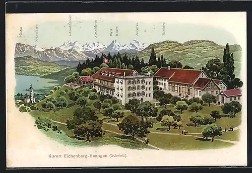 Lithographie Seengen, Panoramablick auf das Kurhotel Eichenberg