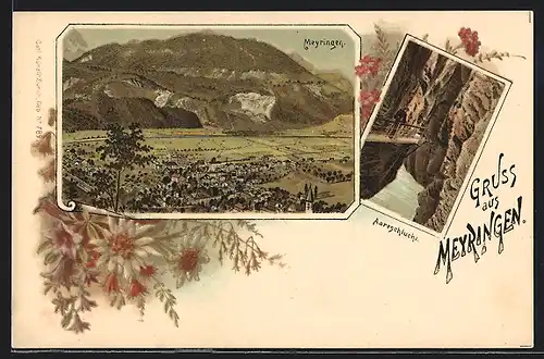 Lithographie Meyringen, Ortsansicht gegen das Gebirge, Aareschlucht