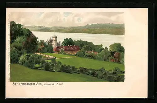 Lithographie Berg, Blick auf Schloss Berg mit Starnberger See