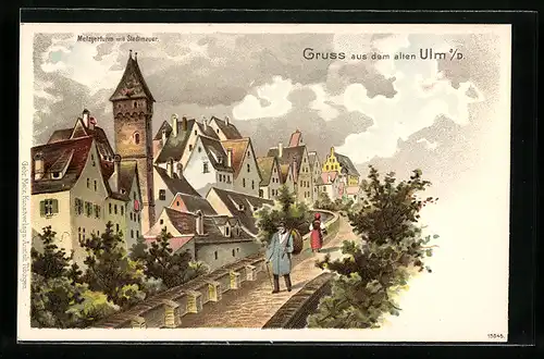 Lithographie Ulm, Partie der Stadtmauer am Metzgerturm