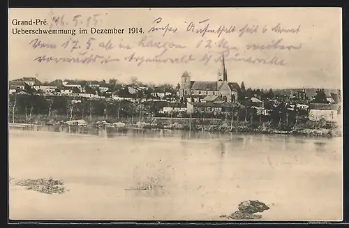 AK Grandpré, Hochwasser im Dezember 1914, Ortsansicht vom Wasser aus gesehen