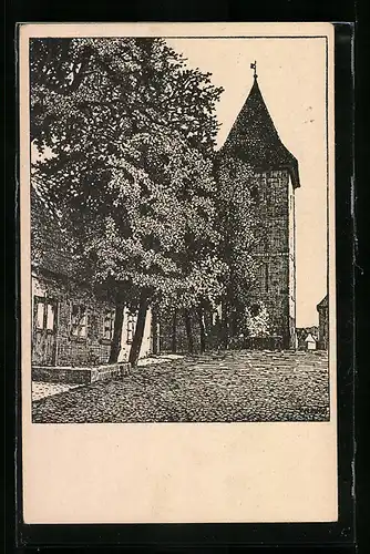 Künstler-AK Sensburg, Evangelische Kirche