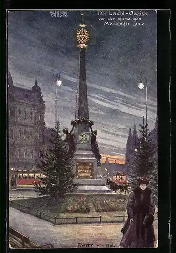 Künstler-AK Wien, der Leucht-Obelisk