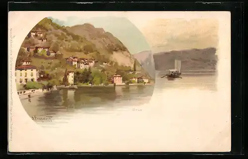 Lithographie Urio, Wasserpartie mit Ortsansicht