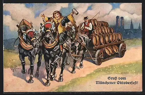 Künstler-AK Ernst Schlemo: München, Münchner Kindl mit Bierwagen