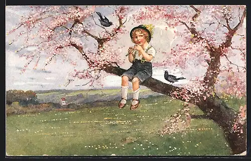 Künstler-AK Ernst Schlemo: Der Mai ist gekommen, Kleiner Junge sitzt auf einem Baum und spielt Flöte
