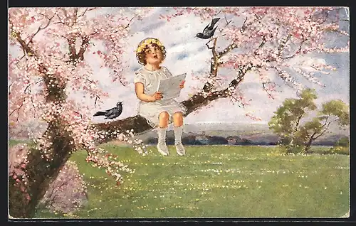 Künstler-AK F.Schlemo: Kleines Mädchen sitzt auf einem blühenden Baum und singt