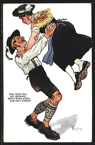 Künstler-AK Ernst Schlemo: Tanzendes bayerisches Paar in Tracht