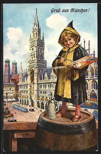 Künstler-AK Ernst Schlemo: Münchner Kindl malt ein Bild der Stadt