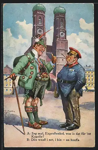 Künstler-AK Ernst Schlemo: München, Besucher z. Expressonkel- Was is dat für` ne Kapelle ?-Dös woass i net, i bin a bsuffa