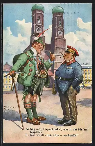 Künstler-AK Ernst Schlemo: München, Besucher z. Expressonkel- Was is dat für` ne Kapelle ?-Dös woass i net, i bin a bsuffa