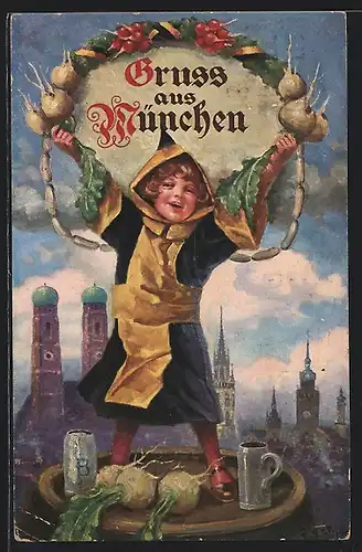 AK Münchner Kindl mit Bierkrügen vor Frauenkirche