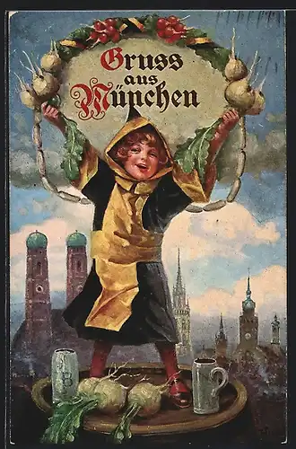 AK Münchner Kindl mit Bierkrügen vor Frauenkirche