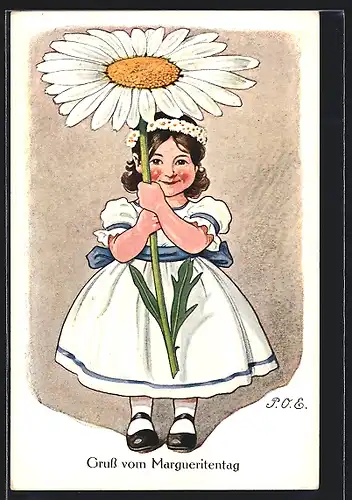 Künstler-AK P. O. Engelhard (P.O.E.): Gruss vom Margueritentag, Mädchen mit grosser Blume