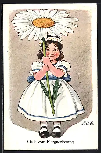 Künstler-AK P. O. Engelhard (P.O.E.): Gruss vom Margueritentag, Mädchen mit grosser Blume