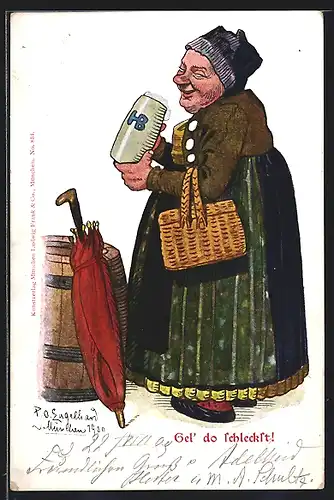 Künstler-AK P. O. Engelhard (P.O.E.): Ältere Frau trinkt erfreut ein Bier