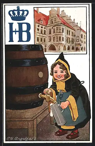 Künstler-AK P.O.Engelhard (P.O.E.): Münchner Hofbräuhaus, Frau schenkt Bier in einen Bierkrug ein