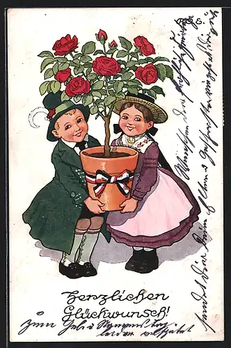 Künstler-AK P. O. Engelhard (P.O.E.): Junges paar trägt einen grossen Topf mit Rosenstrauch