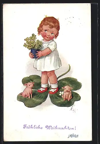 Künstler-AK Kränzle: Mädchen Klee im Topf und Glücksferkelchen