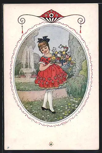 Künstler-AK Kränzle: Junges Mädchen im roten Kleid mit Rosenstrauss